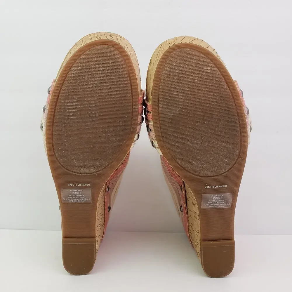 Lucky Brand Mykayla Womens Size 9.5 Pink White Cork Slide Wedge Sandals